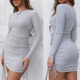 thumbnail image 5 of Women Long Sleeve O-Neck Solid Color Ruched Drawstring Ribbed Bodycon Mini Dress, 5 of 21