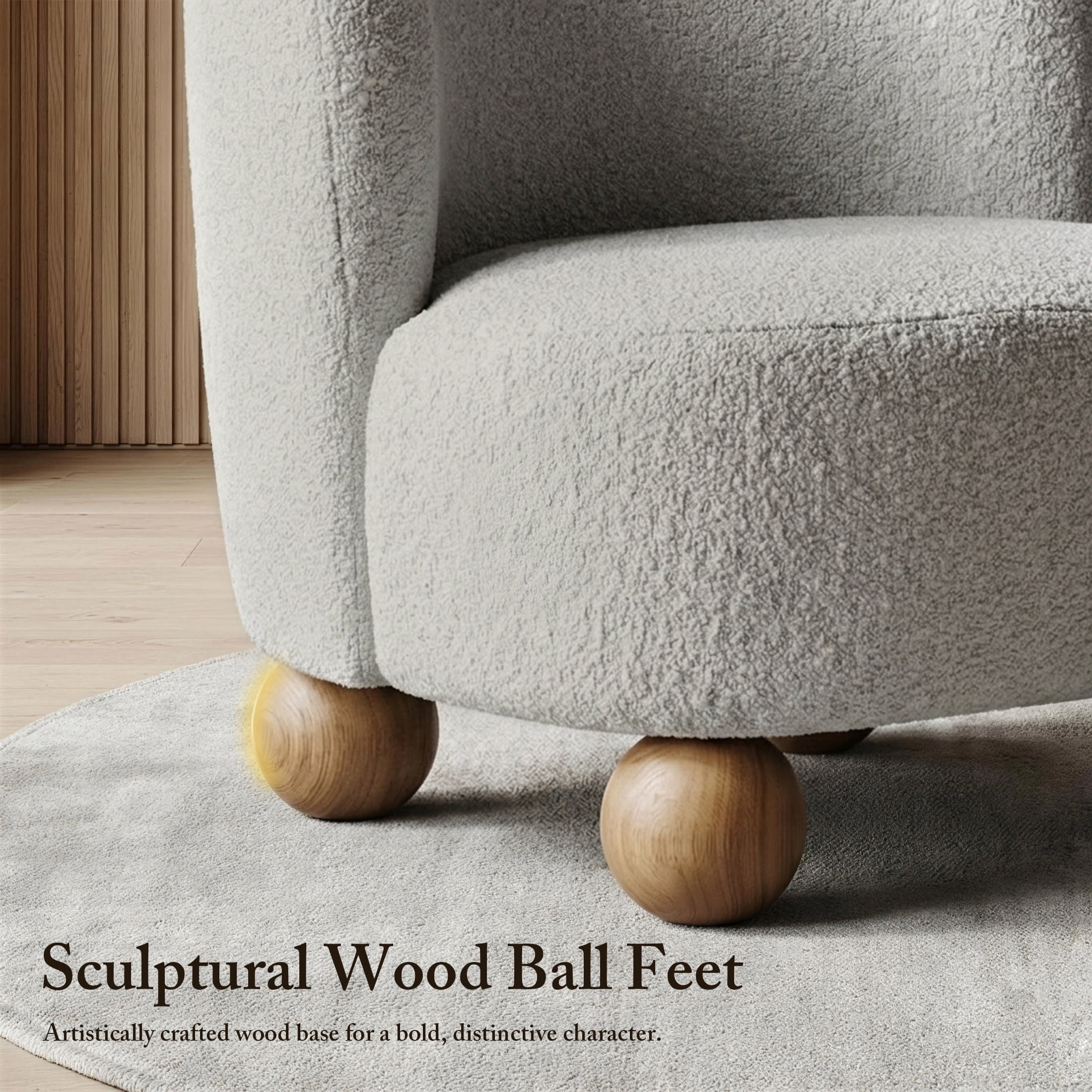 Aenkyo Contemporary Boucle Armless Accent Chair with Sculptural Wood Ball Feet, Gray