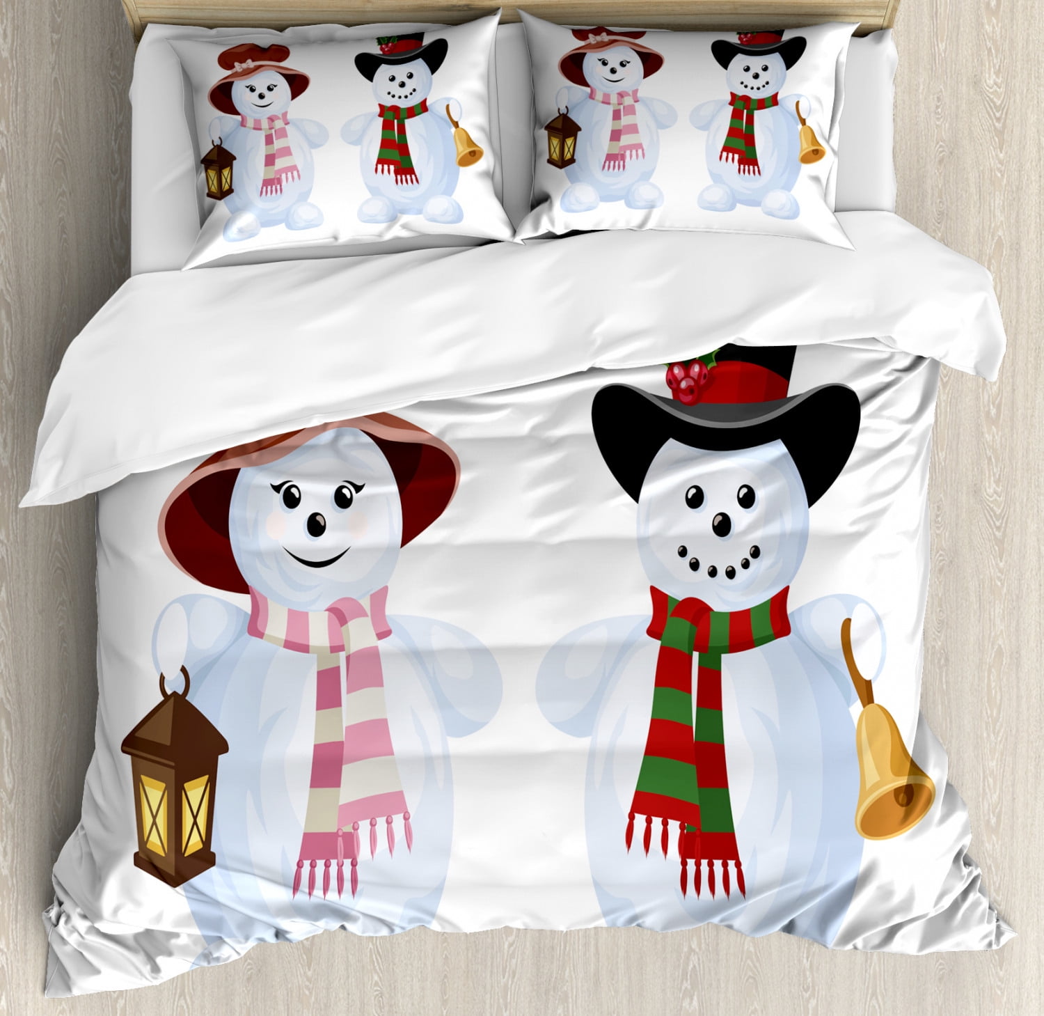 Snowman Duvet Cover Set King Size, Arrangement of Girl and Boy Snowmen