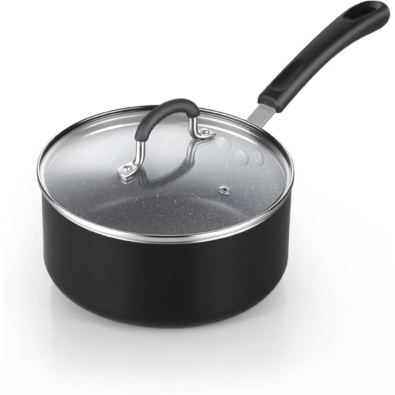 Cook N Home Professional 2 Quart Nonstick Saucepan with Lid, Heavy Aluminum Non Stick Small Sauce Pan, Everyday Cooking Pot with Stay-Cool Silicone Handle, Induction Ready, Black/Marble