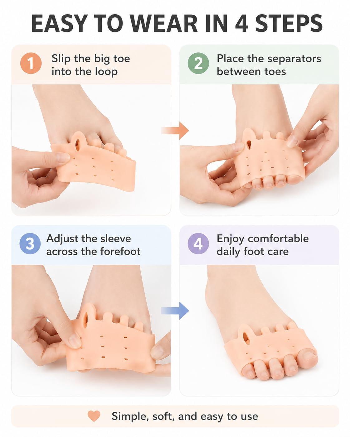 3-in-1 Pro Toe Straighteners, Soft Silicone Forefoot Sleeves for Toe Spacing, Cushioning and Everyday Footwear