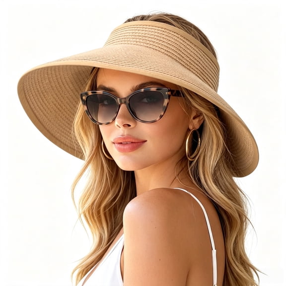 Wide Brim Sun Hat for Women - Packable Roll-Up Straw Visor, Ponytail Friendly Beach Hat, Foldable Travel Essential for Summer Sun