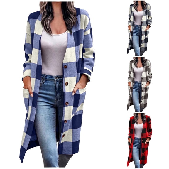 Meichang Long Plaid Cardigan Sweaters for Women Open Front Long Sleeve Button Down Cardigans Fall Lightweight Shacket Jacket Coat with Pockets Blue XXXL