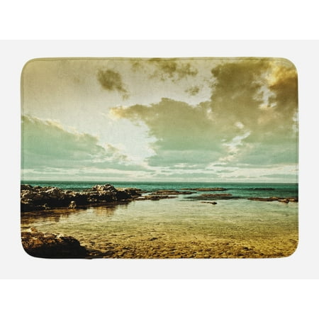 Non Puddle Light - Landscape Bath Mat, Island Scenery Near Ocean Sea with Clouds Puddle Stones Gloomy Air Photo, Non-Slip Plush Mat Bathroom Kitchen Laundry Room Decor, 29.5 X 17.5 Inches, Beige Sepia Teal, Ambesonne