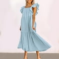 thumbnail image 2 of Ashirexll Dresses for Women 2024, Flowy Dresses for Women, Fashion Summer Flying Sleeve Off Shoulder Pleated Hem Dress Light Blue M, 2 of 8