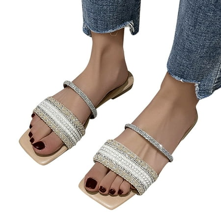 

Aayomet Womens House Slippers Womens Rhinestone Summer Fashion Bohemian Shoes Flat Slippers Toe Casual Leather Open Folded Khaki 8.5