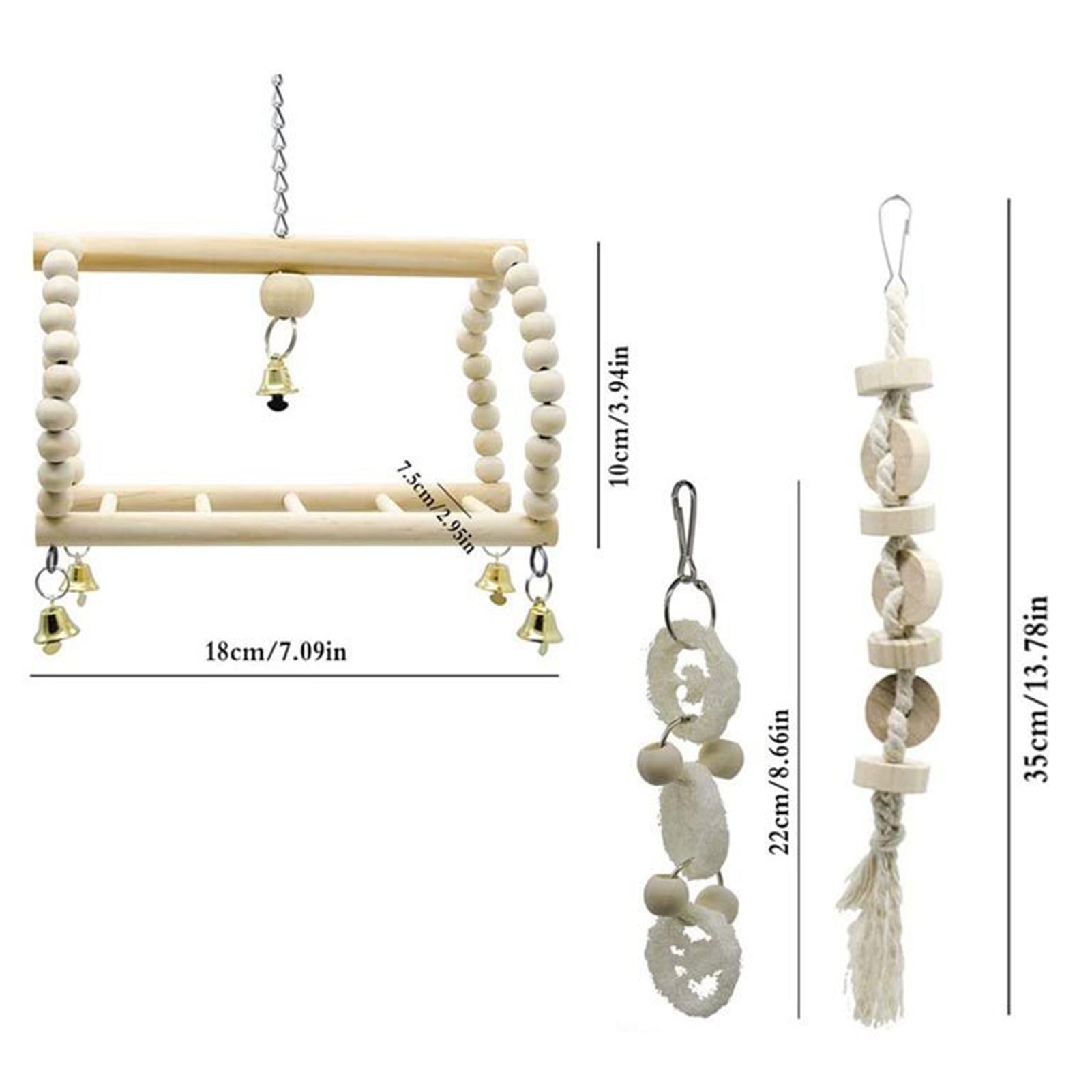 M Buder Parrot Bird Toy 7-Piece Set, Natural Wooden Swing, Chewing Ladder, Hammock & Cage Accessories for Parakeets, Cockatiels, Conures, Macaws (9.45 x 7.87 in / 24 x 20 cm)