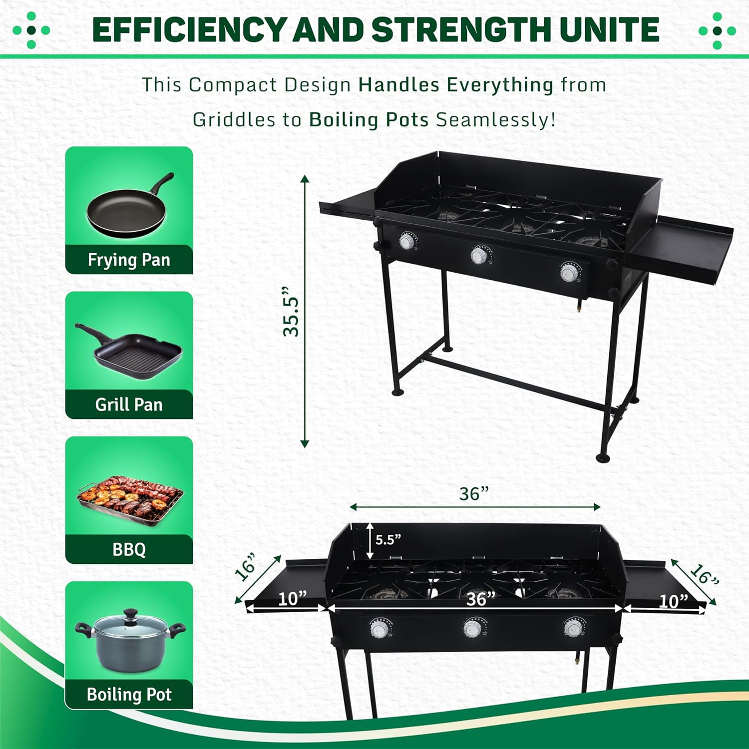 SONRET - Three Burner Propane Outdoor Camping Stove - with Side Shelf and Wind Panel