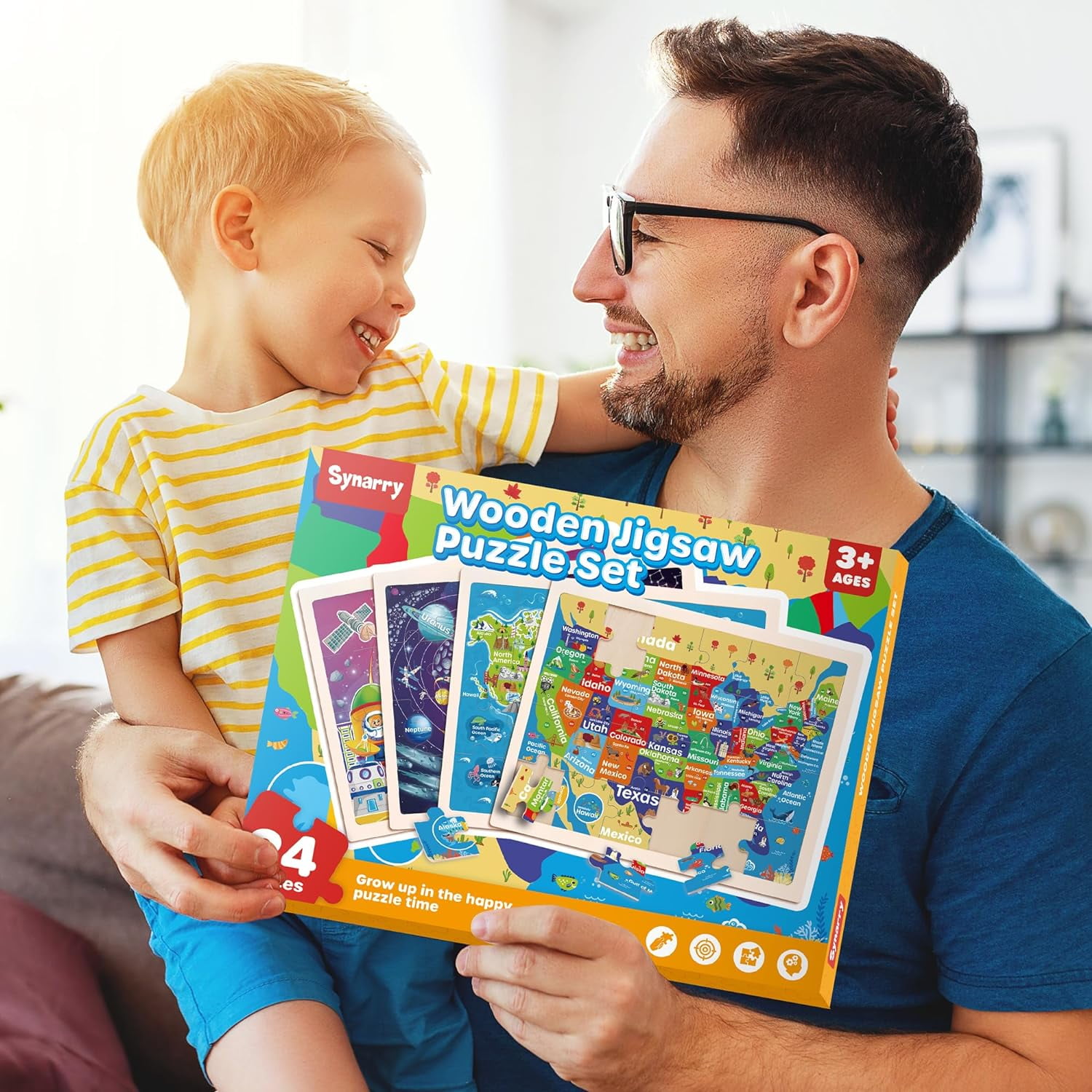SYNARRY 4-in-1 Wooden Puzzle Set for Kids Age 3-8, Large USA Map, World Map, Earth & Solar System, 24pcs Each, FSC Certified Jigsaw Puzzles