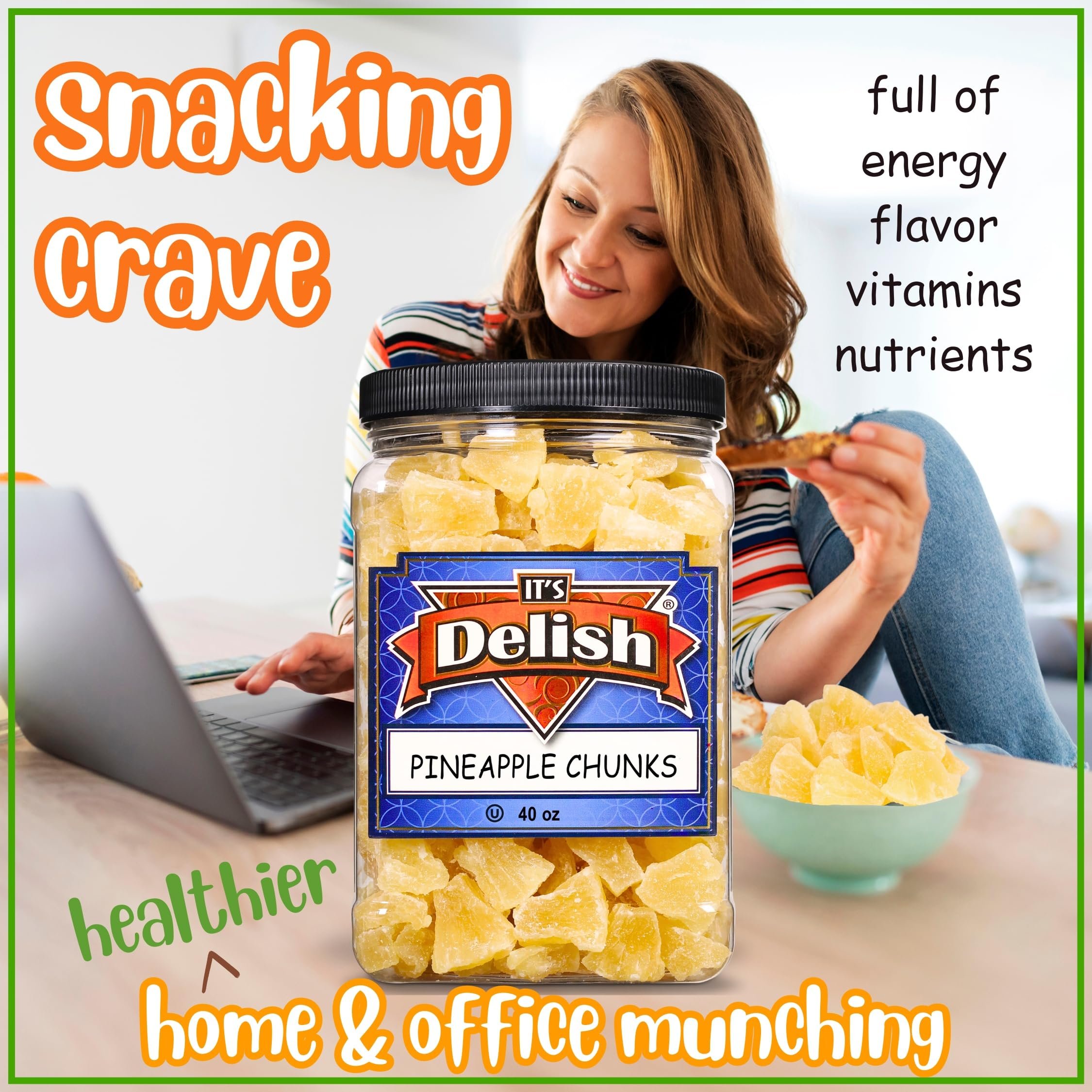 Delicious Dried Pineapple Chunks by It's Delish - 2.5 Lbs Reusable Jumbo Container  Lightly Sweetened Candied Fruit, Low Sugar, Vegan & Kosher Dry Fruit Snacks