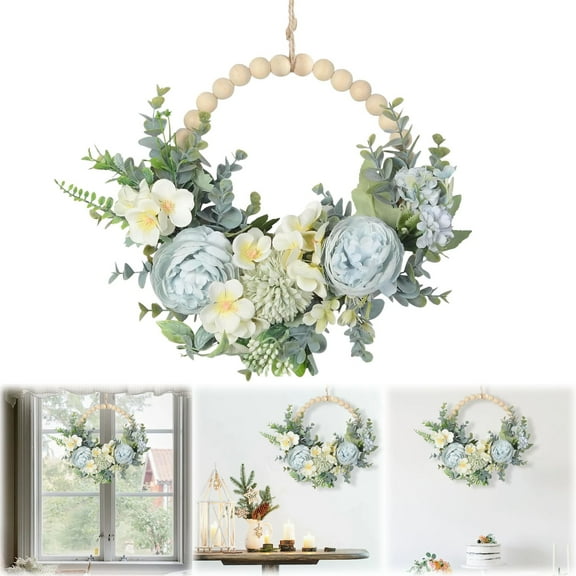 Blue Floral Wreath For Front Door 14X9 Inch Artificial Peony Hydrangea With Wood Beads Spring Summer Hanging Decor For Wall Window