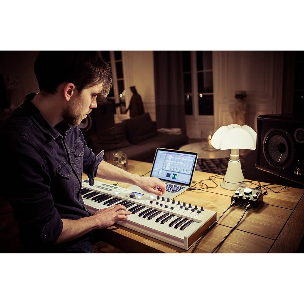 Arturia KeyLab Essential Mk3 61-Key USB MIDI Controller Keyboard, White 231531 Bundle with OnStage Double-X Keyboard Stand + 5-Ft M-to-M MIDI Cable + Sustain Pedal + 2 Year Enhanced Protection Pack