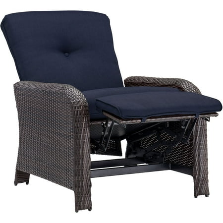 Hanover Strathmere Outdoor Patio Luxury Recliner Lounge Chair with Thick Foam Cushions, Steel Frames, Brown Wicker and Navy Blue Cushions