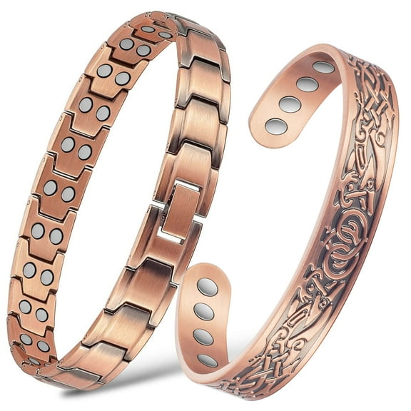 Wollet Magnetic Copper Bracelets Bangle for Men, Pure Copper Jewelry Set of 2