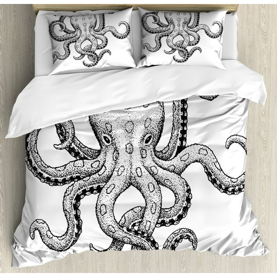Octopus King Size Duvet Cover Set Classic Drawn Ink Ilration Octopus King Size Duvet Cover Set Classic Drawn Ink Ilration Wild Marine Animal With Swirling S Decorative 3 Piece Bedding 2 Pillow