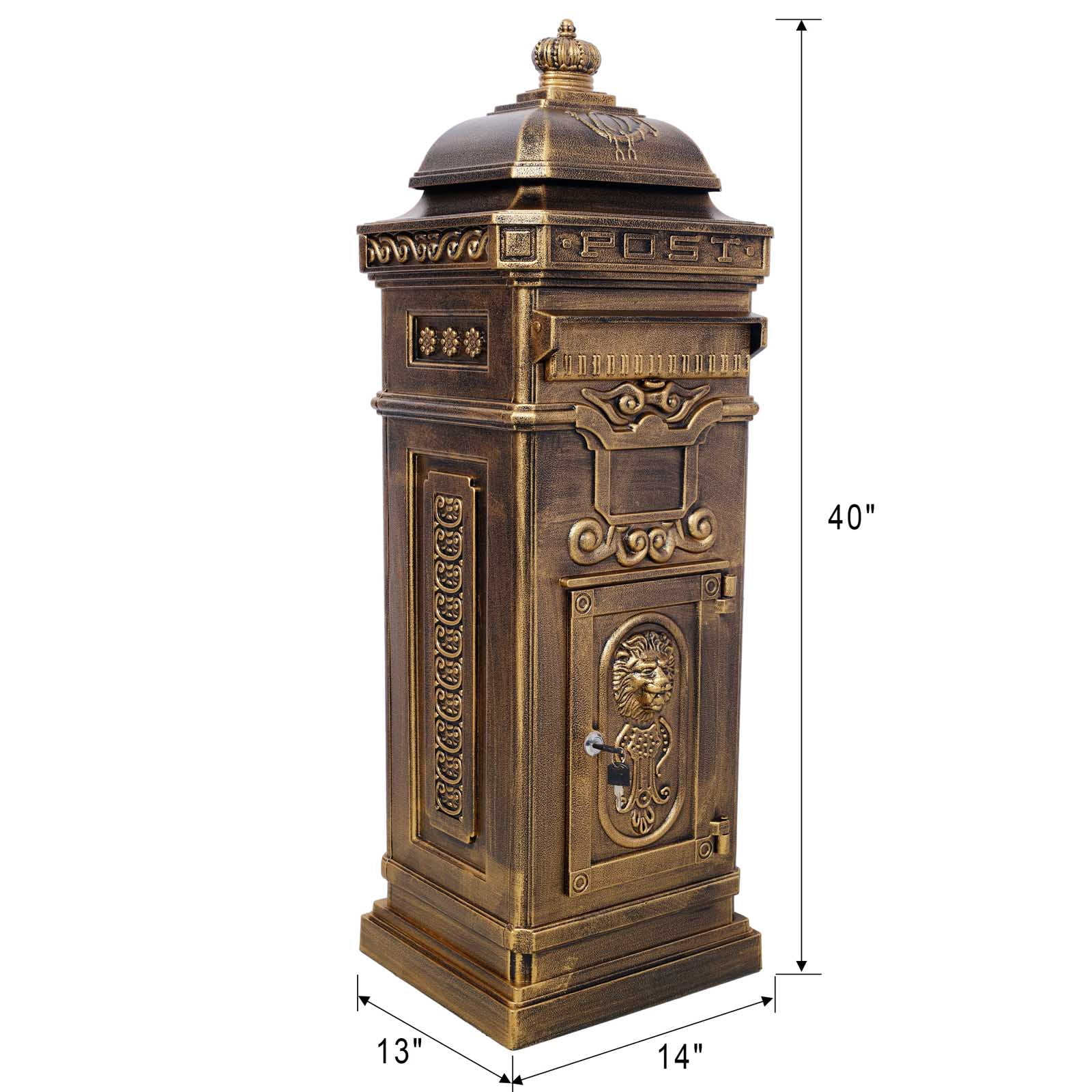 BARONAGE Large-Capacity Mailbox for Residential Use, Vintage Style Floor Letter Box，Garden Floor Safety Mailbox, Outdoor Rainproof Postbox Statue ,Copper