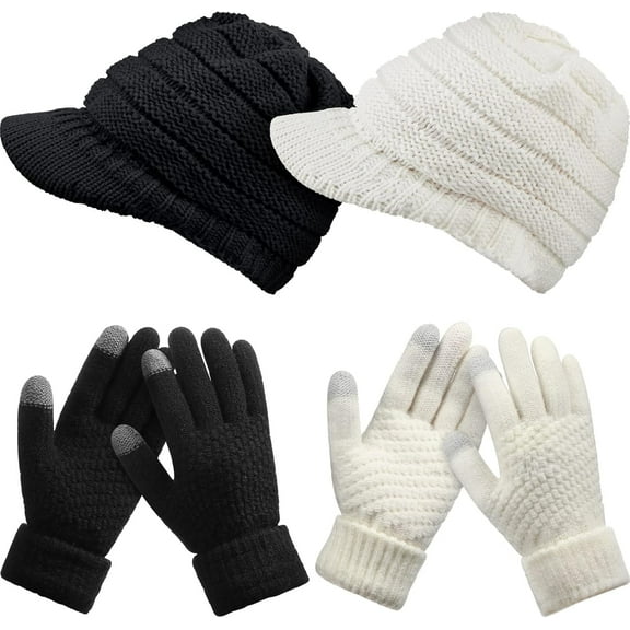 2 Sets Winter Hats Gloves for Women Knit Beanie Slouchy Women Winter Brim Hat Women Touchscreen Glove Winter Beanie with Brim