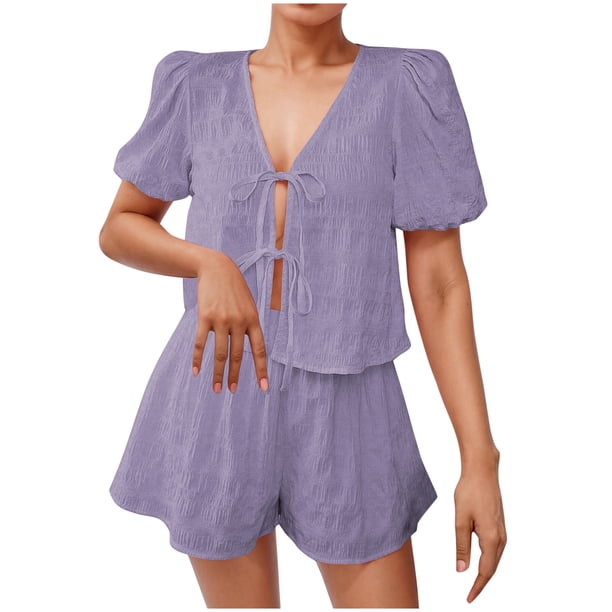 Camisas de Color Sólido para Mujeres Verano Manga Corta Cuello en V Cuello Delantero Corbata Camisa Pantalones Cortos Conjunto