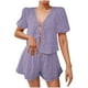 thumbnail image 1 of Camisas de Color Sólido para Mujeres Verano Manga Corta Cuello en V Cuello Delantero Corbata Camisa Pantalones Cortos Conjunto, 1 of 7