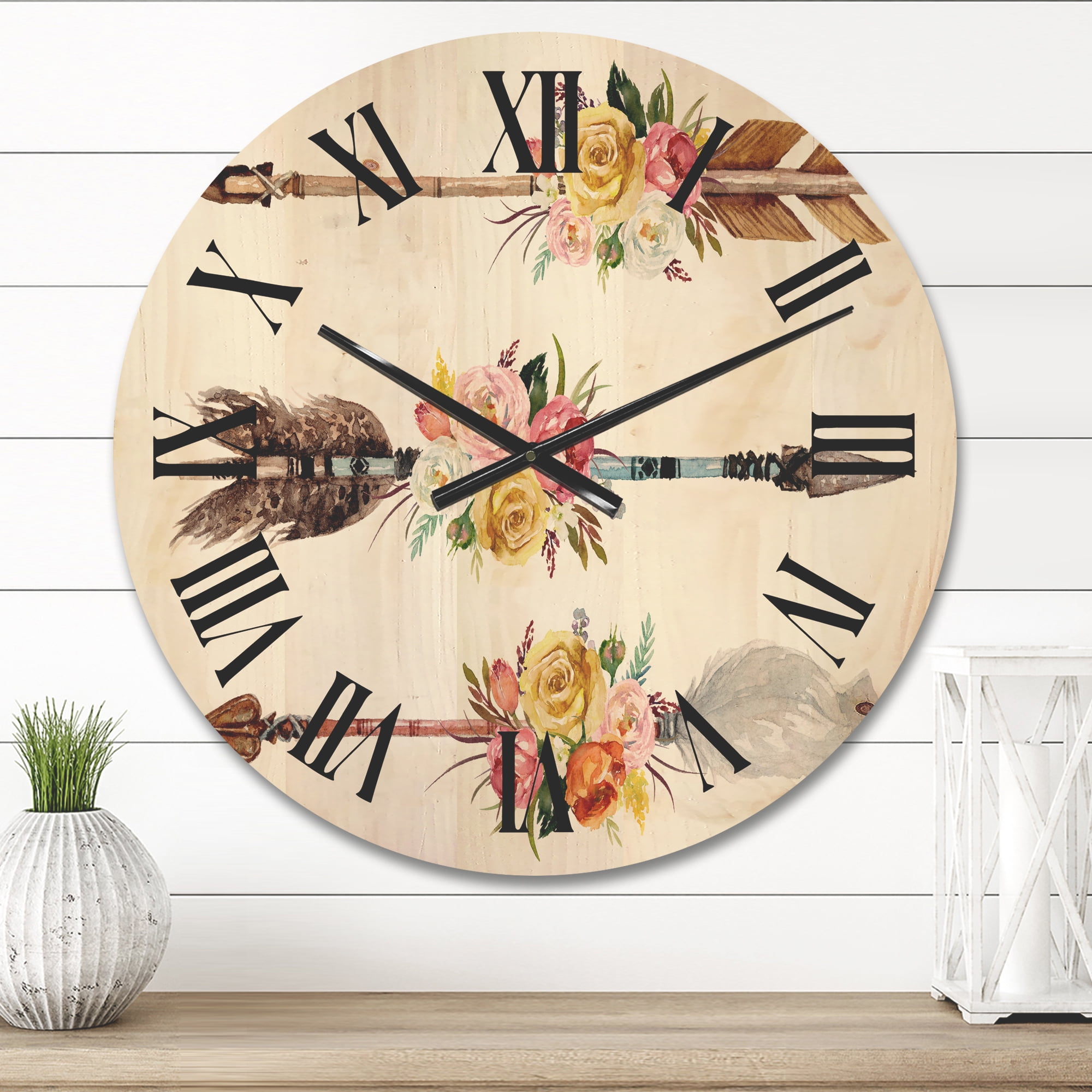 Designart 'Flowers and Ethnic Feathers On Native Arrows II' Bohemian & Eclectic Wood Wall Clock