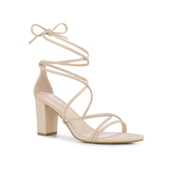 BLISSFUL STEP Women's Block Heel Sandal Strappy Lace Up Sandals Beige 7.5