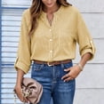 thumbnail image 6 of ClodeEU Women's Stand Collar V Neck Button Down Roll Tab Long Sleeve Striped Shirt,Casual Loose Blouse Top Yellow,Women's Plus XL, 6 of 8