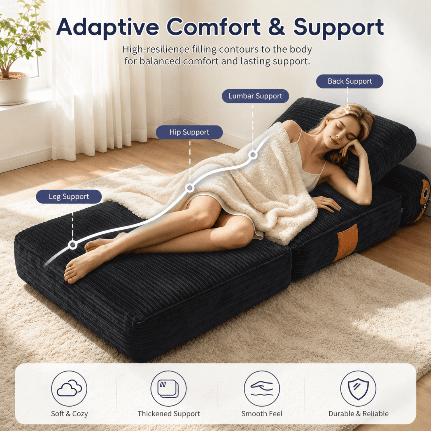 Miniyam Folding Floor Chair Bed, 3-in-1 Convertible Floor Sofa Bed with Flannelette Upholstery and Side Pockets, Gray
