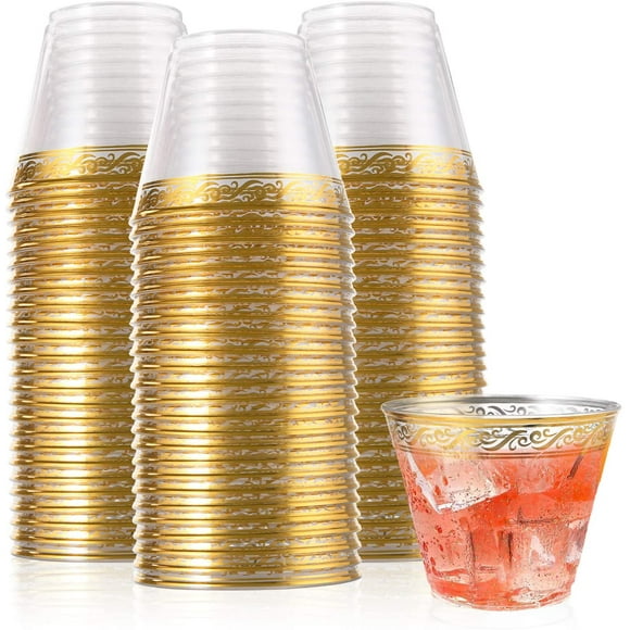 missunny-100 Pack Gold Plastic Cups Tumblers, 9oz Clear Fancy Reusable Wedding Cups Elegant Party Cups with Gold Rim