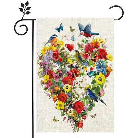 Ethyie Birds Flowers and Butterflies Garden Flag, Double Sided Burlap, Spring Summer Colorful Floral Love Hearts Garden Flag, Garden Yard Lawn Flag, Outdoor Patio House Decoration （Only Garden Flag）