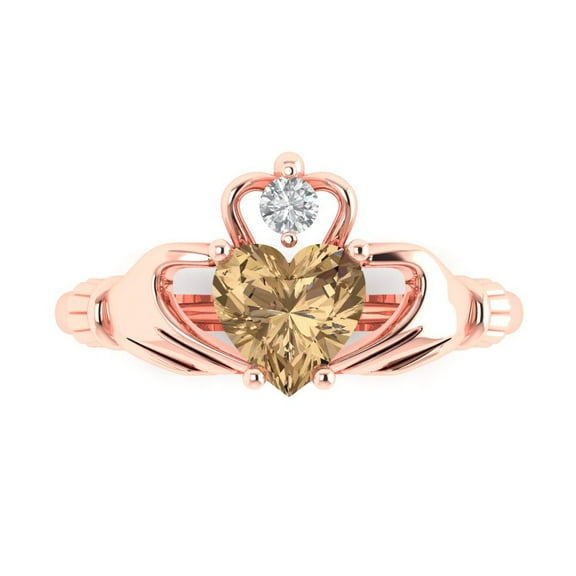 Clara Pucci 14K Rose Gold 1.06ct Champagne Claddagh Ring for Women
