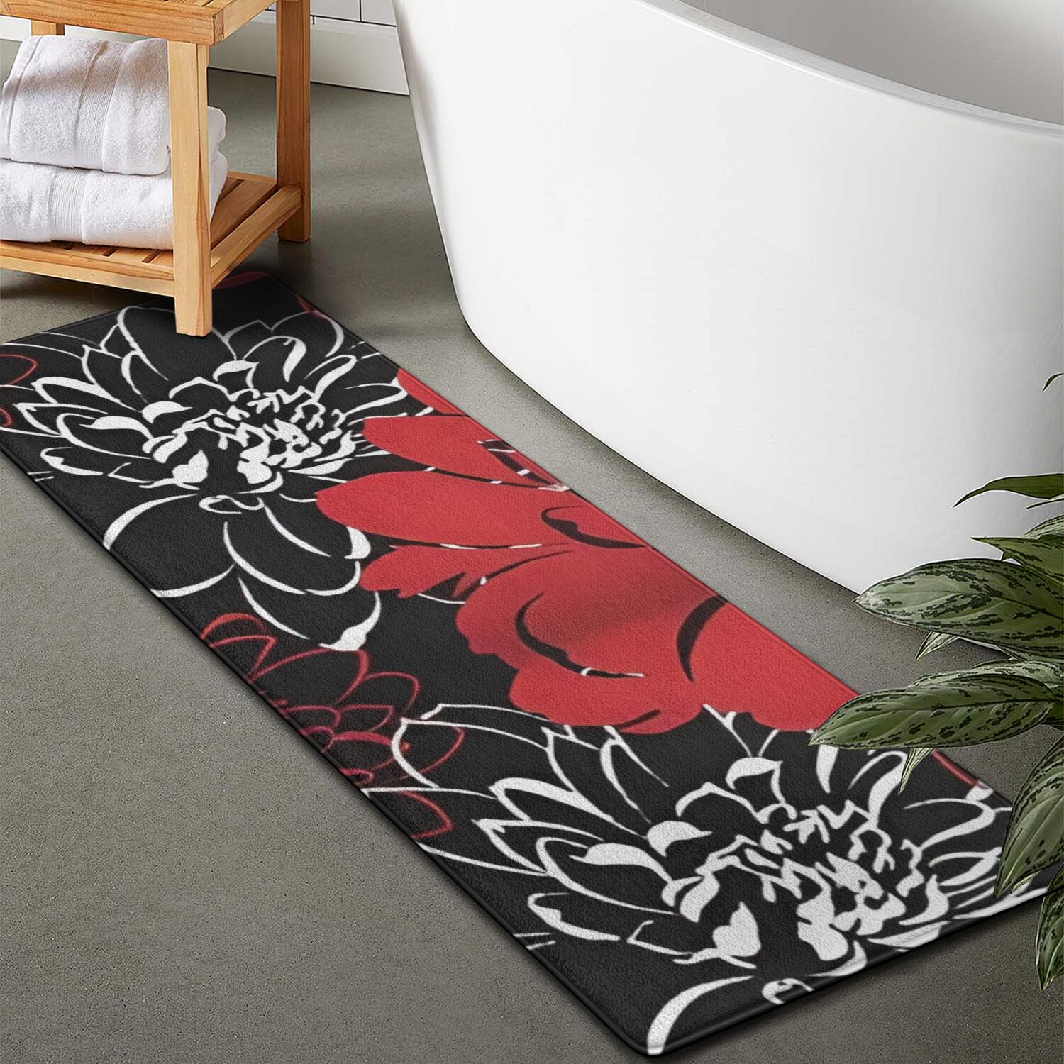 Red and Black Pioneer Flower Pattern Bathroom Rugs Mat,Non Slip Microfiber Bathroom Rug,Rubber Backing,Soft Bathroom Mats for Bathroom Floor,Tub and Shower,47x17in(120x43cm)