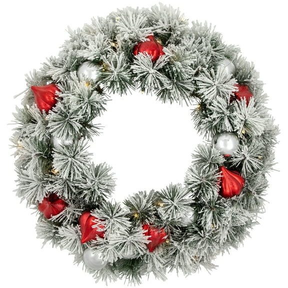 Pre-Lit Snowy Bristle Pine Christmas Wreath 24-Inch Warm White LED Lights