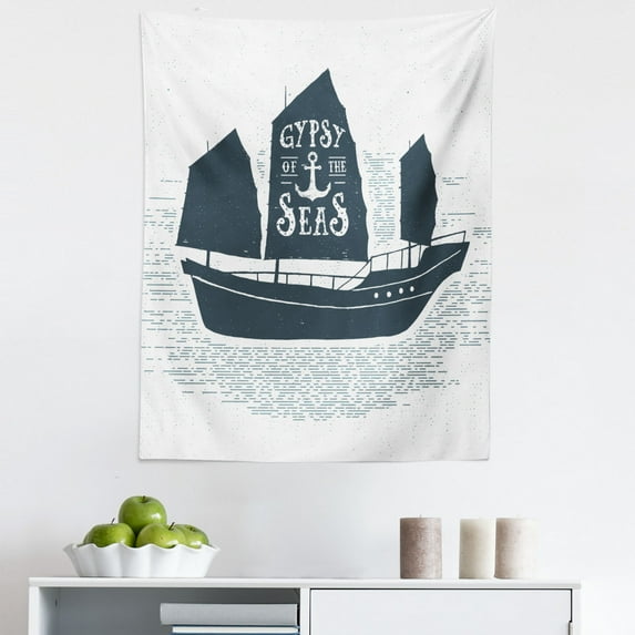 Vintage Boat Tapestry, Gypsy of the Sea Pirate Ship Headed to Treasure Island Vintage Style, Fabric Wall Hanging Decor for Bedroom Living Room Dorm, 5 Sizes, Dark Blue Grey White, by Ambesonne