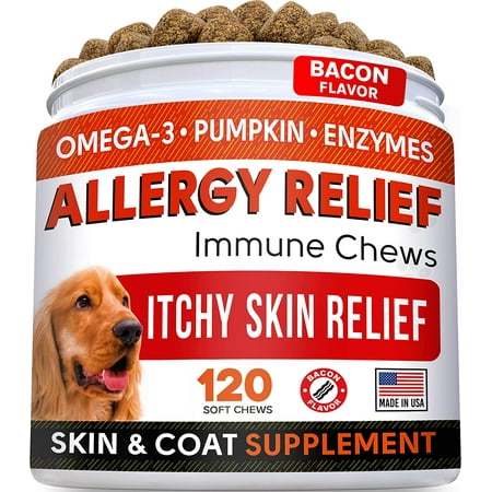 UPC: 0693634266845 | Allergy Relief Dog Treats w/Omega 3 + Pumpkin + Enzymes + Turmeric – Itchy Skin Relief – Immune & Digestive Supplement – Skin & Coat Health – Anti-Itch & Hot Spots -Made in USA