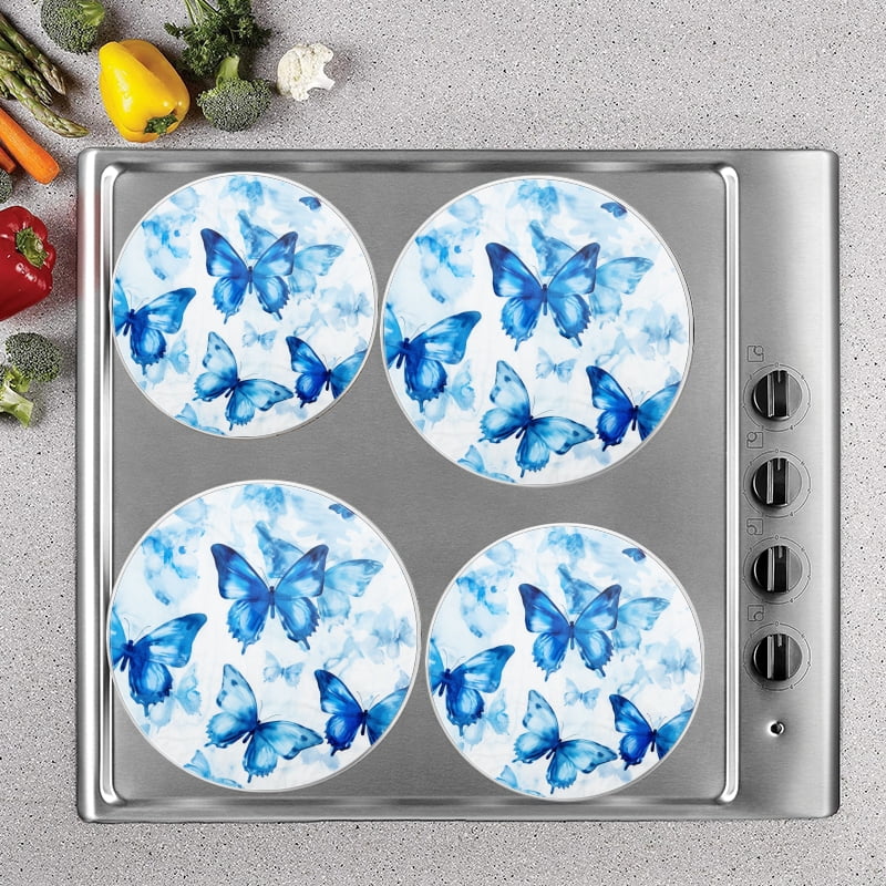 Bahomeck Electric Stove Burner Covers Set Of 4,Blue Butterflies Flying In The White Space Metal Gas Stove Burner Covers,Protecting Gas Stoves,8 Inch And 10 Inch