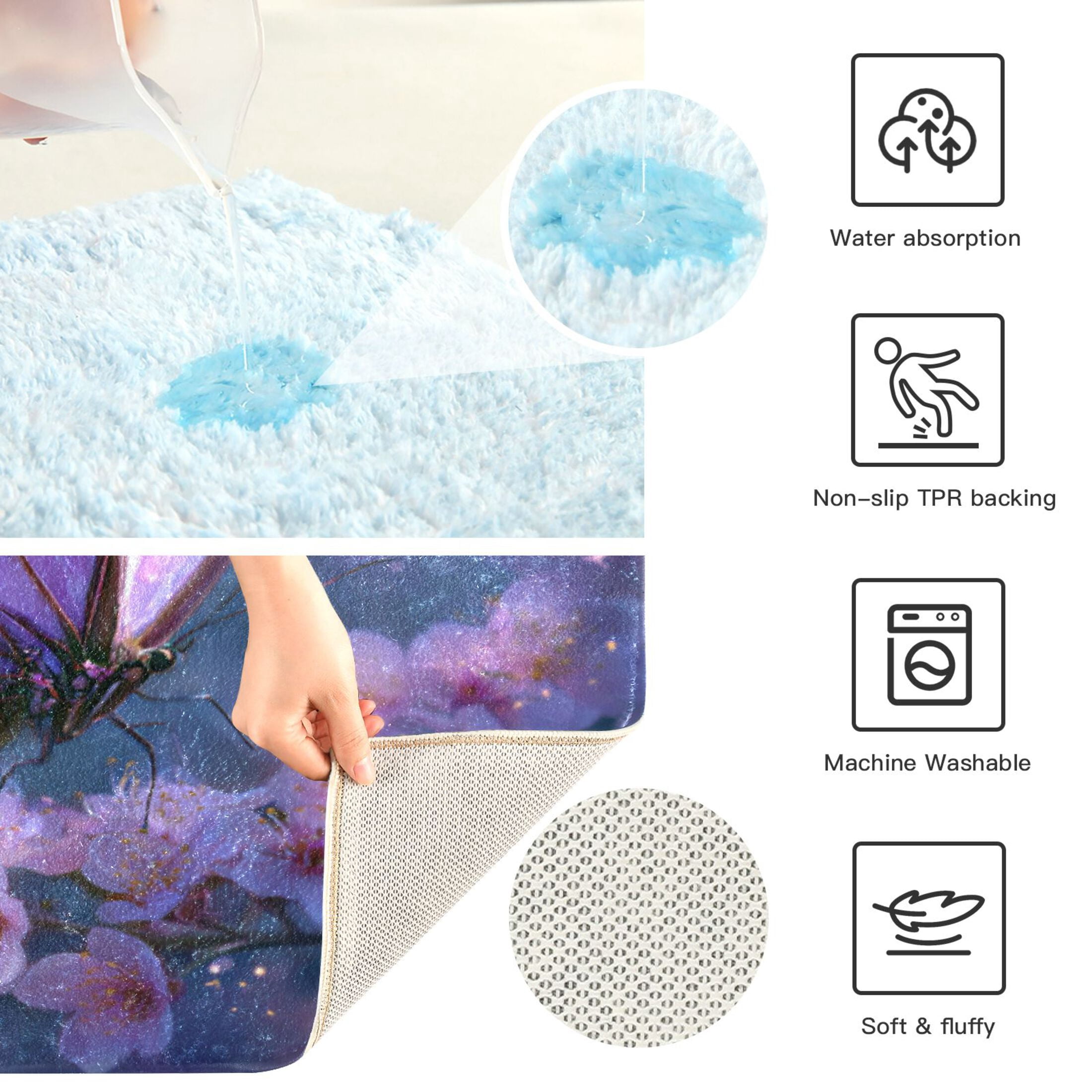 Wobogo Sakura Purple Butterfly U-Shaped Toilet Bath Mat Set Super Soft Absorbent Quick Dry Memory Foam Non Slip Bathroom Rugs for Tub Shower and Single Sink
