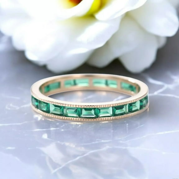 Shree Diamonds 14k Yellow Gold Plated 3ct Baguette Cut Emerald & Lab-Created Diamond Full Eternity Wedding Ring