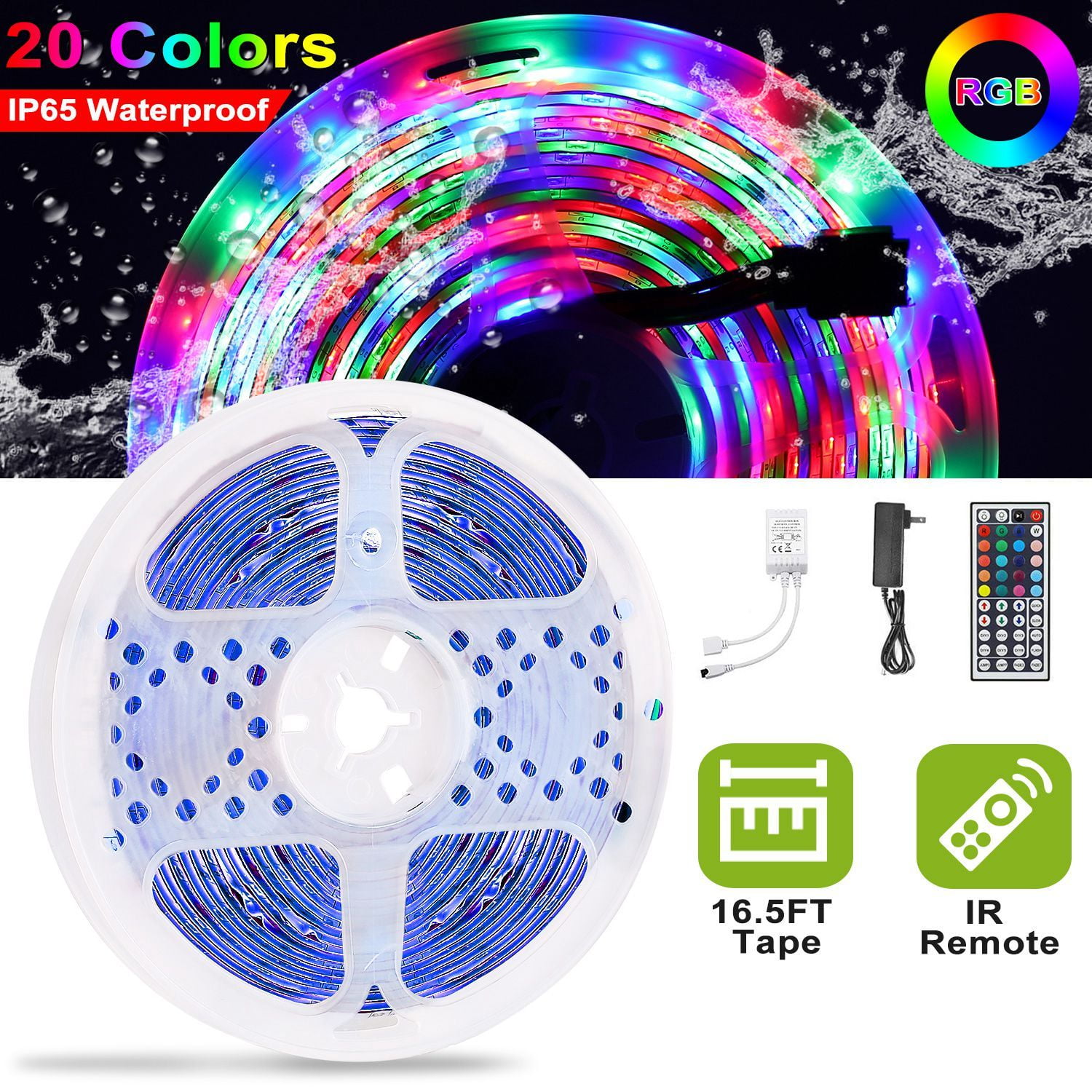 300 LEDs Strip Lights 5M 16.5ft 20 Colors RGB IP65 Waterproof LED Strip with 44 Key Remote Dimmable Flexible Self Adhesive
