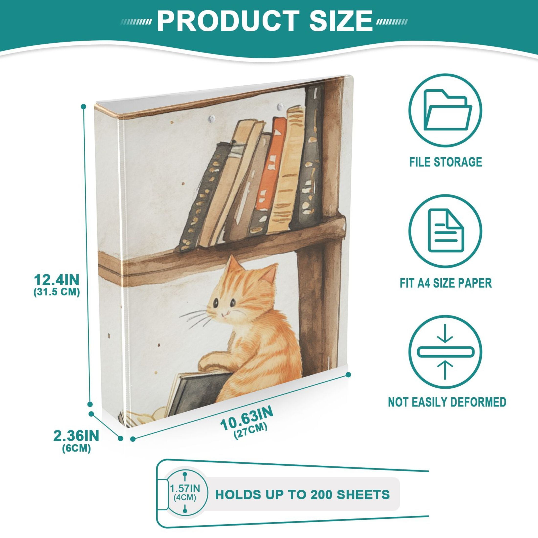 Cats Play in Bookshelf 3 Ring Binders 1.5 inch Hardcover File Folders with Interior Pockets A4 Size Organizer for School Office Hospital