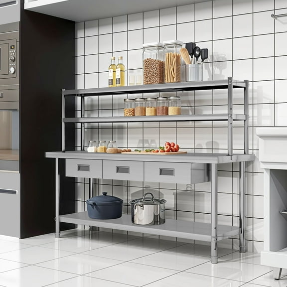 ModFusion 72"x20" Stainless Steel Table with Adjustable Overshelf, 3 Drawers, 6x1.6x4.5 ft Commercial Kitchen, 4-Tier Metal Steel Prep Table, Storage Shelves, Restaurant Workstation