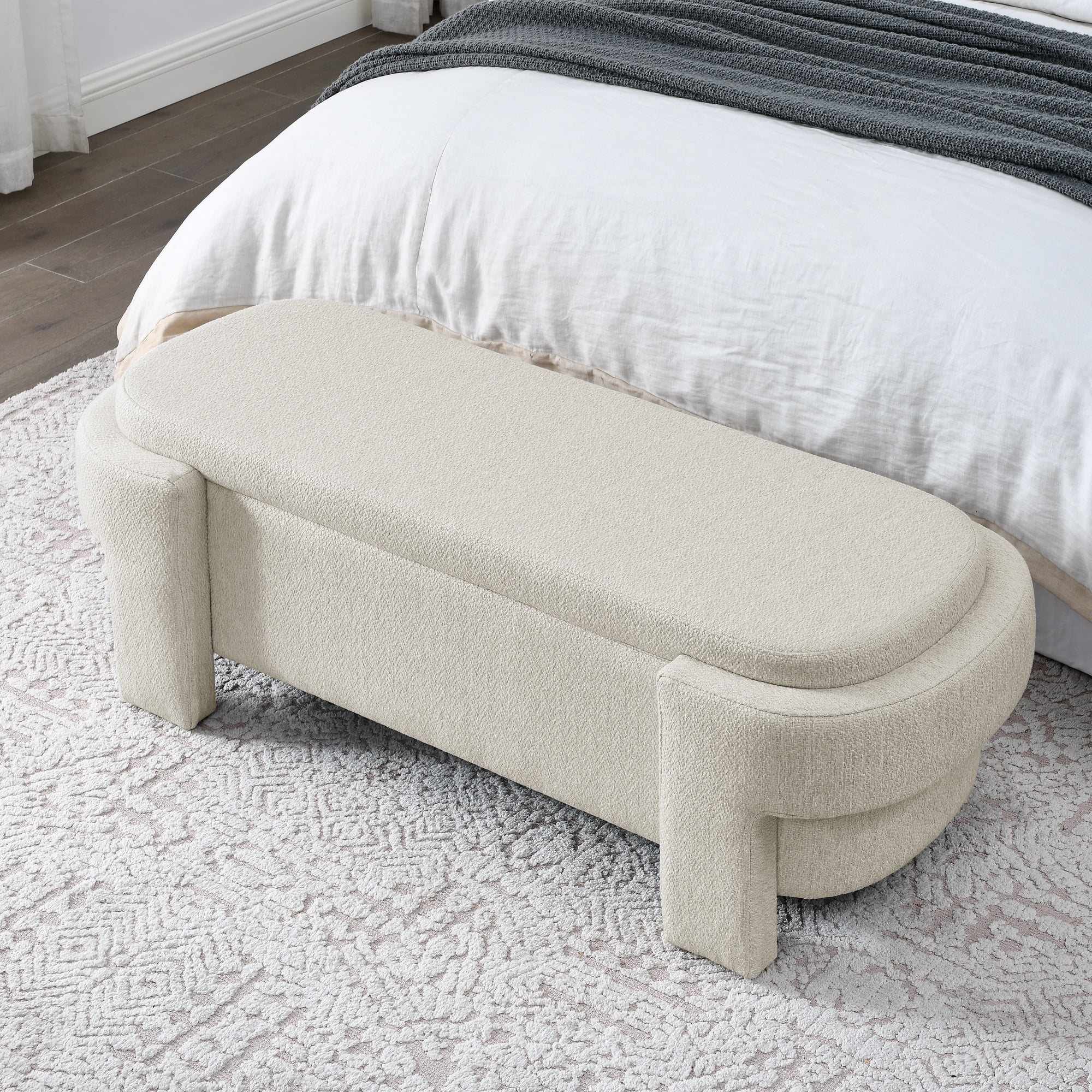 PORKISS 51” Storage Ottoman Bench, Linen Upholstered Long Storage Bench with Large Storage Space, Modern Foam End of Bed Seat for Living Room, Bedroom, Entryway, Beige