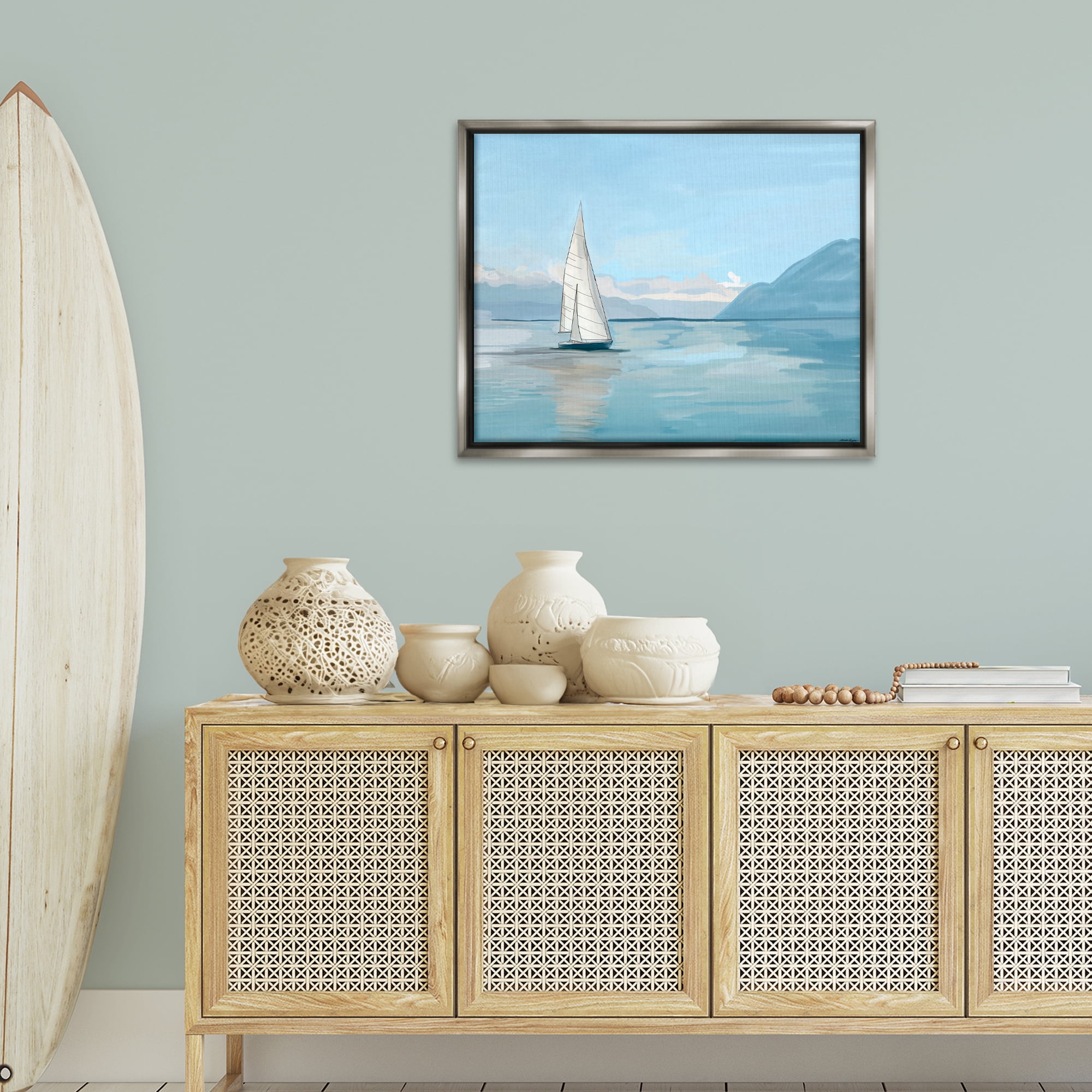 Stupell Industries Peaceful Sailboat on Water Nautical & Beach Painting Gray Floater Framed Canvas Art Print Wall Art, 31 x 25
