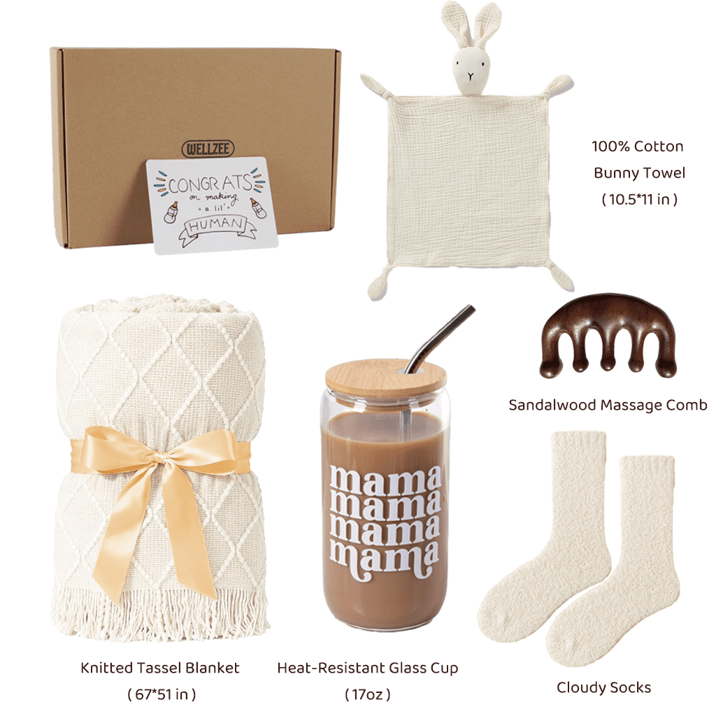 New Mom Care Package After Baby, New Mom Gifts Set After Birth, Self Care Package for Mom, Mama Coffee Cup & Knitted Tassel Blanket Gift Baskets for Mom