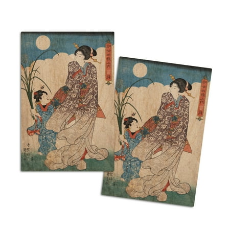 

Woman and a Young Girl Looking at a Full Moon Japanese Wood-Cut Print (4x6 Birch Wood Postcards 2-Pack Stationary Rustic Home Wall Decor)