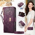 thumbnail image 2 of ELEHOLD Floral Embossed Leather Wallet Case for Samsung Galaxy S24 FE with Zipper Cash Slot, Card Holder Shockproof TPU Anti-Scratch Flip Stand Wallet Case Cover With Detachable Strap , Purple, 2 of 12
