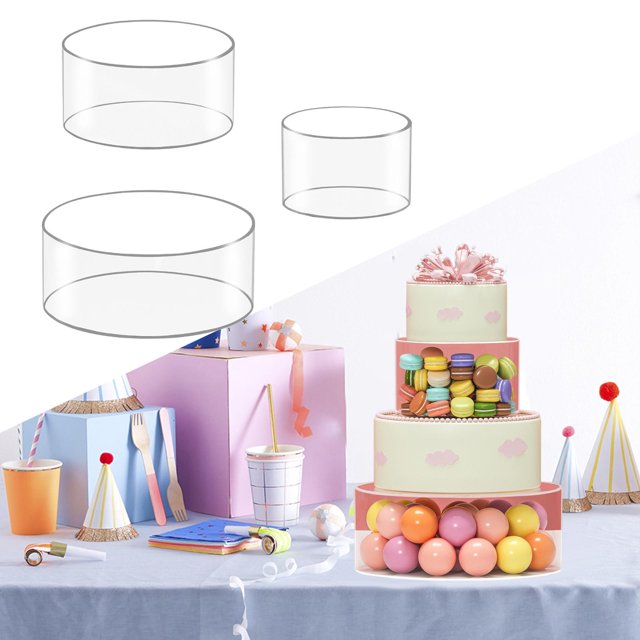 3 soportes cilíndricos para tartas de 15, 20 y 25 cm, transparentes y rellenables, ahorradores de espacio, para fiestas.