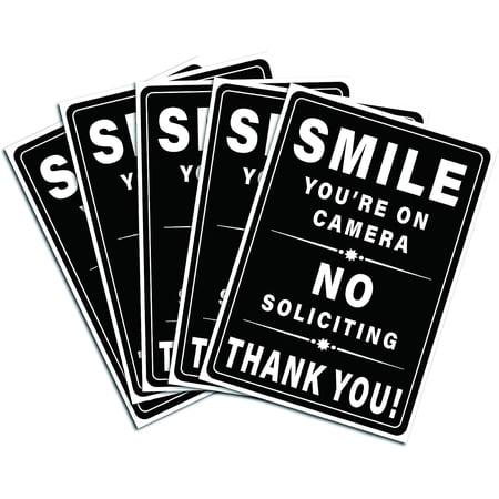 5-Pack Smile You are On Camera Signs Sticker 7"X10" No Soliciting Sign Self Adhesive Warning Signs Vinyl Stickers No Soliciting Signs DIY