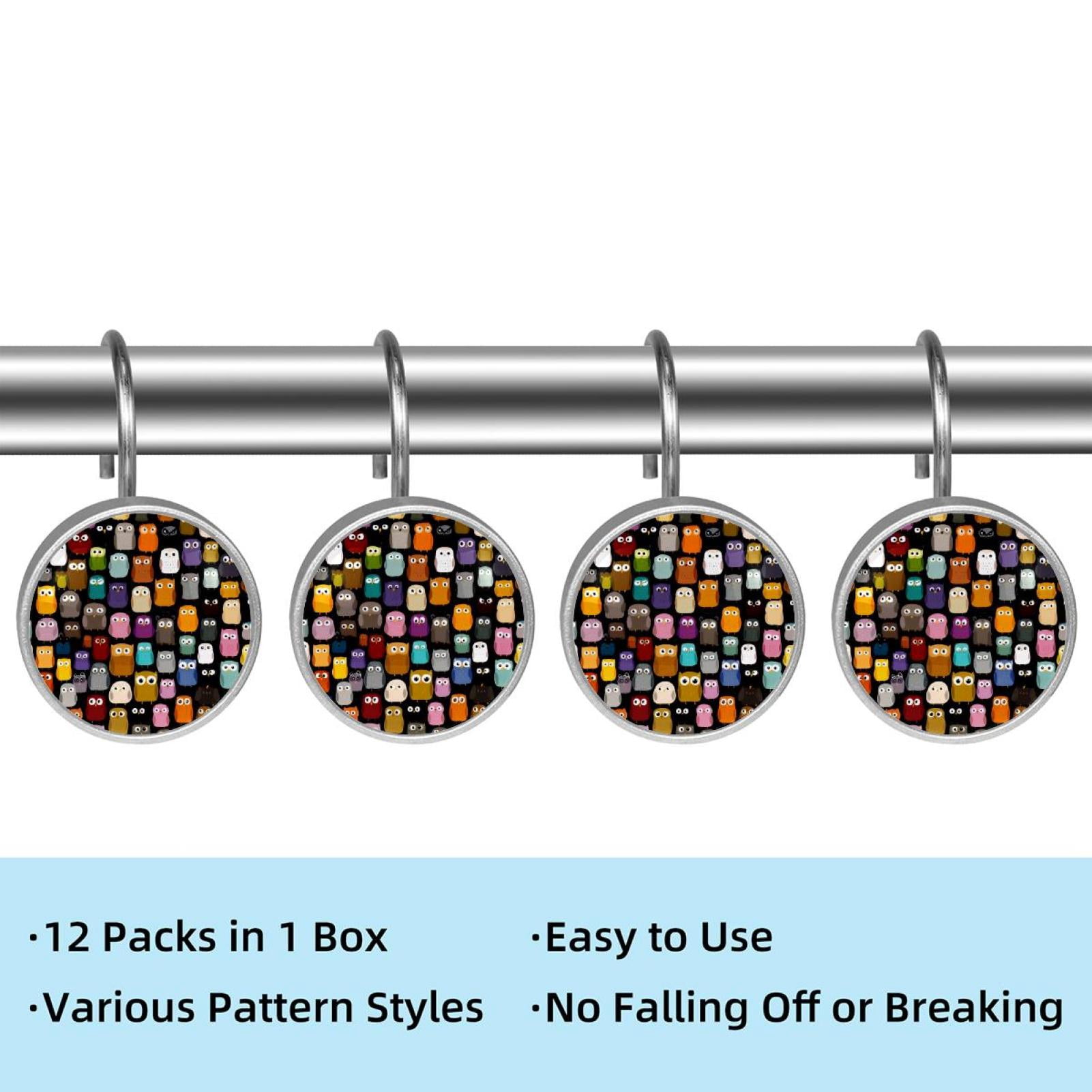 12pcs Decorative Shower Curtain Hooks, Rust Resistant Shower Rings for Bathroom Living Room,Rustproof Stainless Steel Rings for Shower Curtain and Liner Rods,Colorful Owls Pattern