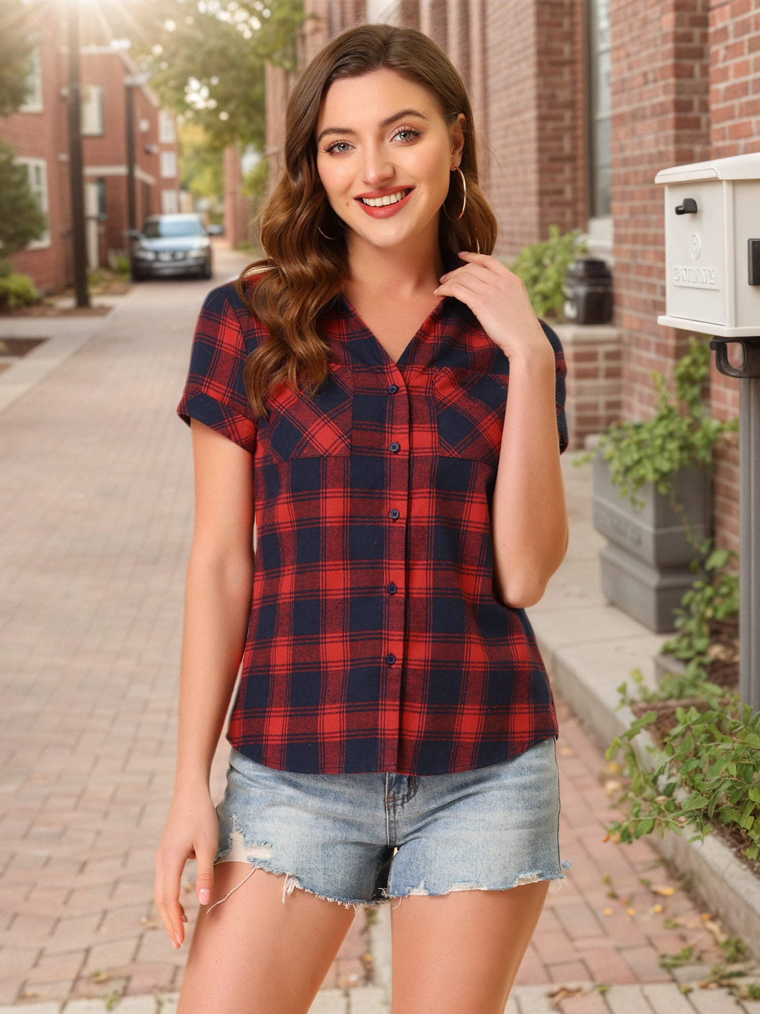 DARING DIVA Women's Casual Boyfriend Plaid Button Down Flannel Shirt M Dark Blue Red