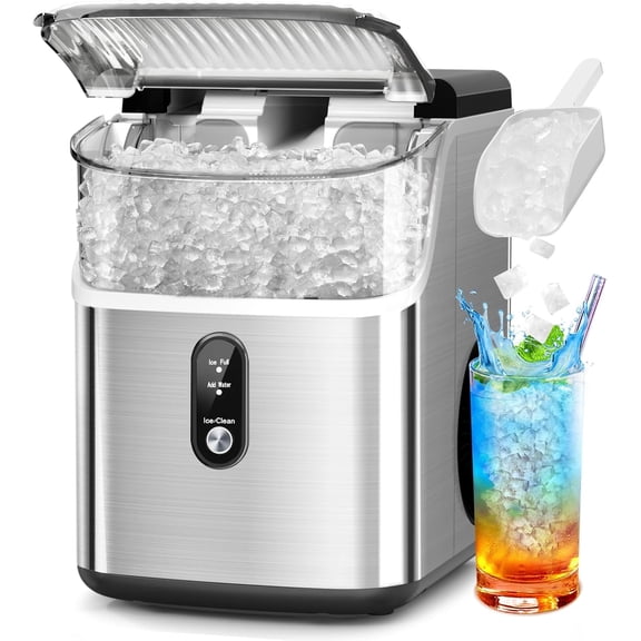 FREE VILLIGE Nugget Ice Maker Countertop with Soft Chewable Ice, Portable Sonic Ice Maker with Basket and Scoop, Removable Top Cover, Auto-Cleaning for Home/Party/RV/Camping (Stainless Steel Silver)